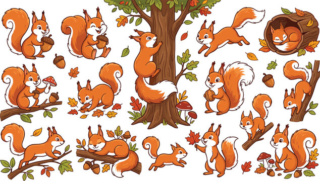 Cute cartoon squirrel character collection featuring funny orange rodents climbing oak trees holding acorns sleeping on logs and playing with autumn leaves vectors for kids.