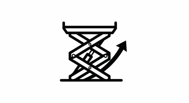 Black and white icon of a scissor lift mechanism with an upward-pointing arrow