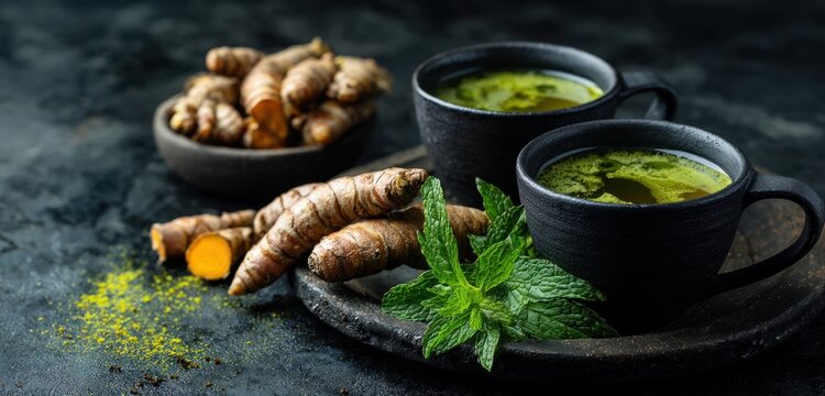 Black ceramic cups filled with steaming green tea surrounded by fresh turmeric root, ginger root, and mint leaves on a dark textured surface