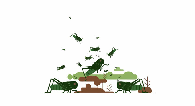 A swarm of green grasshoppers in a stylized, minimalist landscape