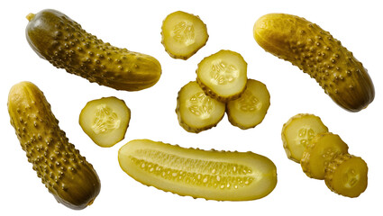 Whole and sliced gherkin pickles with bumpy texture, isolated on transparent background