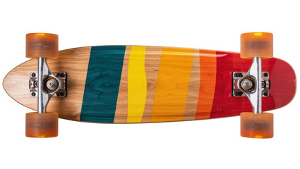 Wooden skateboard with colorful stripes, isolated on transparent background © Eoin