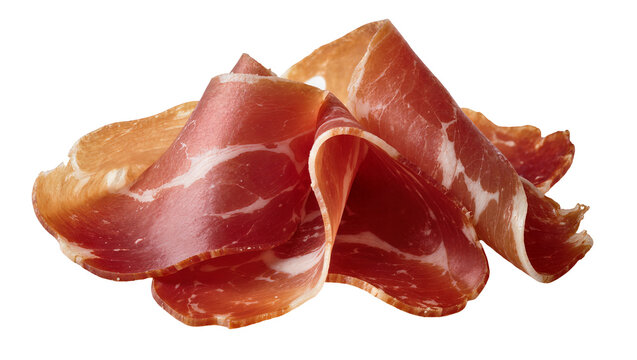 Thinly sliced cured ham with white fat marbling, isolated on transparent background