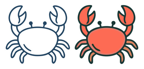 Cute crab icon set, tropical marine seafood vector illustrations with outline and colorful beach symbols on transparent background © Ярослав Дацко