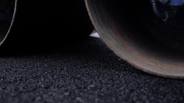 Close Up Double Drum Roller Compacting Hot Fresh Asphalt Surface