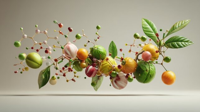 molecular structures transforming into fruits and plants, nutrigenomics concept