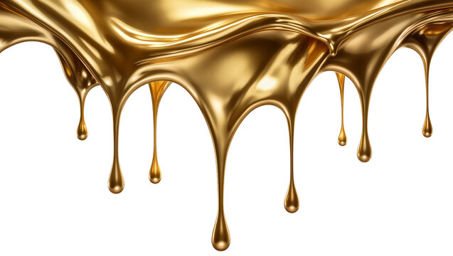 Molten gold liquid dripping in droplets, isolated on transparent background