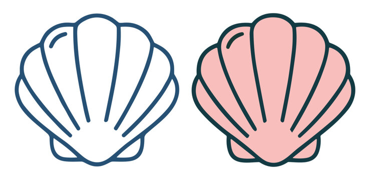 Scallop shell icon set, tropical marine vector illustrations with outline and colorful beach symbols on transparent background