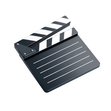 Isometric view of a classic filmmaking clapperboard, with its hinged top partially open and displaying the characteristic striped pattern