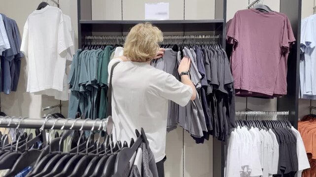 Clothes store in shopping mall.Blurred store aisle with hanging clothing racks