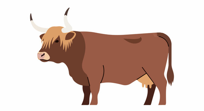 A side view of a brown, long-horned cattle with shaggy hair