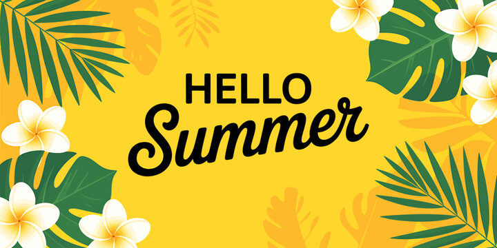 Bright summer greeting graphic with tropical flowers and leaves design