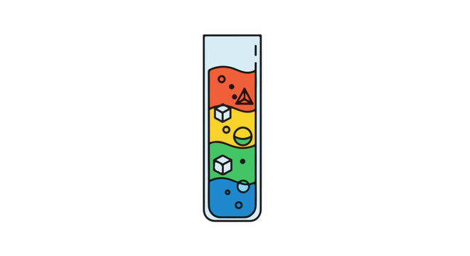 Colorful layered liquids in a science beaker with geometric shapes