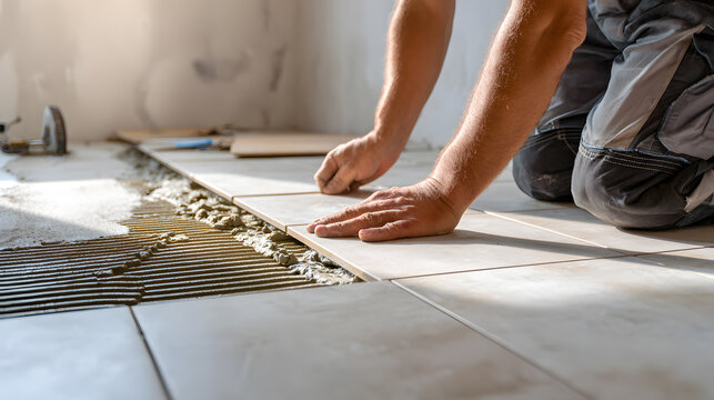 Worker installing ceramic floor tiles with adhesive