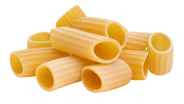 Pile of dry rigatoni pasta tubes with ridged texture, isolated on transparent background
