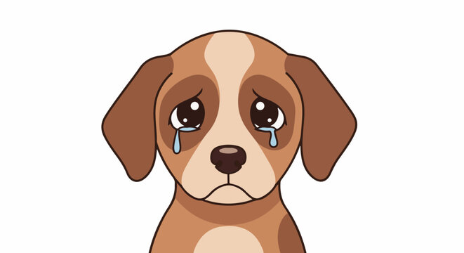 A sad, brown and white cartoon puppy with big, teary eyes, and floppy ears