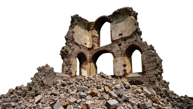 Ancient stone building ruins with arched windows, isolated on transparent background