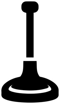 Bold black silhouette icon of a rubber toilet plunger with a long handle isolated on white background representing plumbing services and bathroom maintenance clear vector graphic