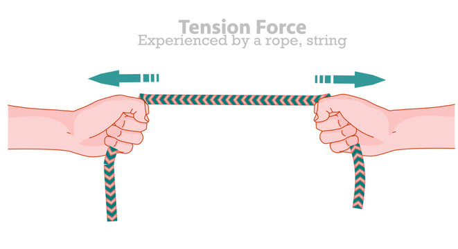Tension force is a force experienced by a rope, string, or cable when it is pulled from the opposite end. Action, reaction with hands. Vector illustration