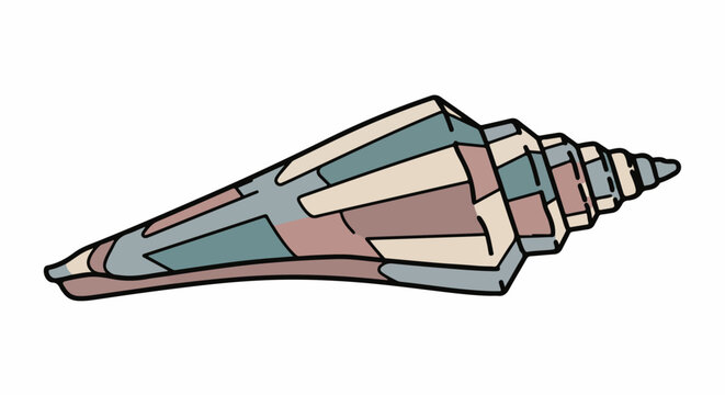 A stylized illustration of a long, conical seashell with segmented sections
