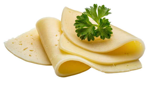 Thinly sliced yellow cheese with fresh green parsley sprig, isolated on transparent background