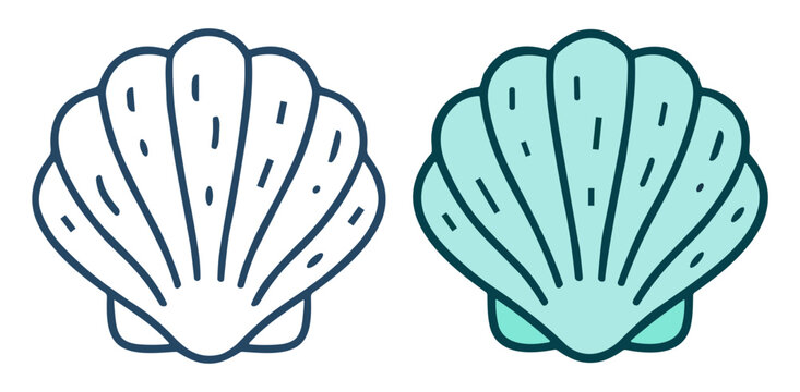 Scallop shell icon set, tropical marine vector illustrations with outline and colorful beach ocean symbols on transparent background