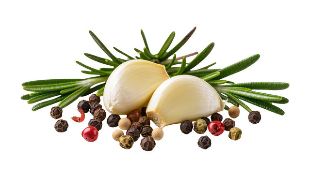 Fresh garlic cloves with peppercorns and rosemary sprigs, isolated on transparent background