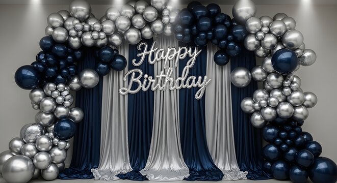 Happy birthday celebration with navy blue and silver balloons arch