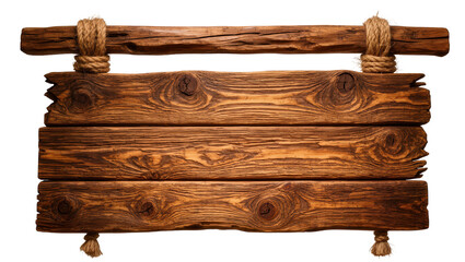 Rustic wooden sign with rough texture and rope accents, isolated on transparent background © Eoin