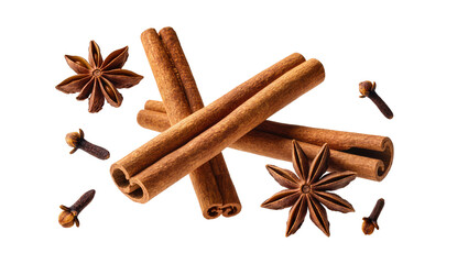Cinnamon sticks star anise and cloves scattered, isolated on transparent background © Eoin