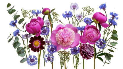 Vibrant pink peonies and blue cornflowers with eucalyptus leaves, isolated on transparent background © Eoin