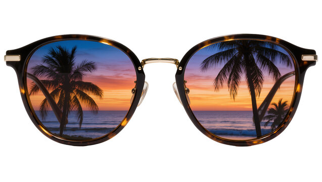 Tortoiseshell sunglasses reflecting a tropical sunset with palm trees, isolated on transparent background