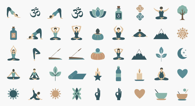 Yoga icons collection set with meditating people, lotus flower, om symbol, incense, candle, and nature elements for wellness