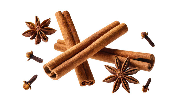 Cinnamon sticks star anise and cloves scattered, isolated on transparent background