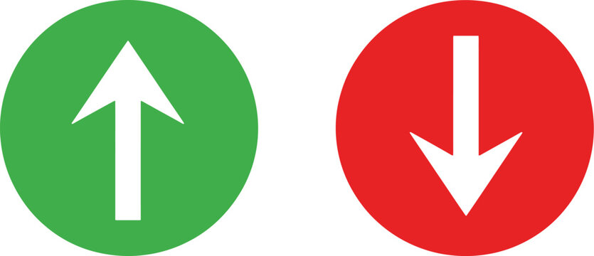 Arrow direction icon set, colorful upward and downward arrow symbols for business analytics stock market and performance indicator graphics.