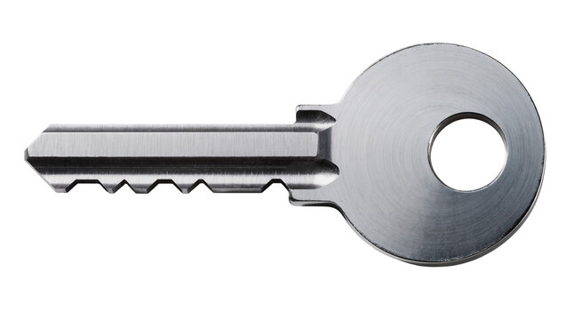 Shiny metal key with serrated edge and circular head, isolated on transparent background
