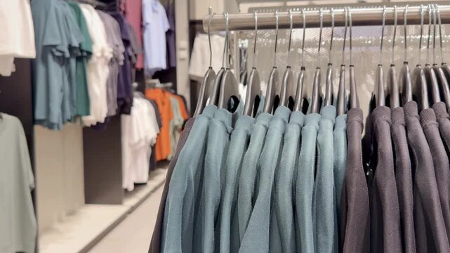 Clothes store in shopping mall.Blurred store aisle with hanging clothing racks