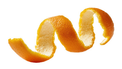 Orange peel spiral twist showing textured zest and pith, isolated on transparent background