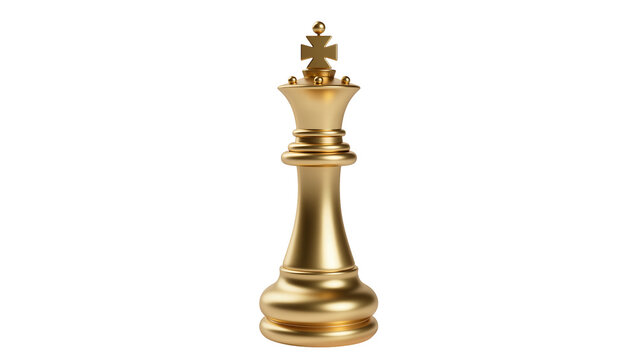 Shiny golden chess king piece with ornate cross finial, isolated on transparent background