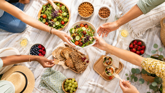 Friends sharing healthy picnic food on blanket in park