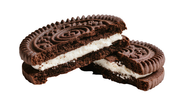 Two chocolate sandwich cookies with white cream filling, isolated on transparent background