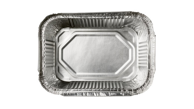 Rectangular aluminum foil food container with embossed geometric pattern, isolated on transparent background