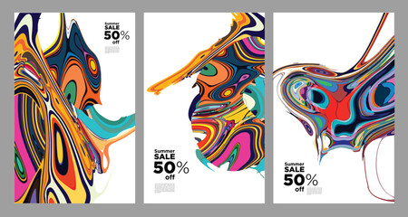 Abstract vibrant fluid art posters with colorful swirl patterns and sale text © yahya