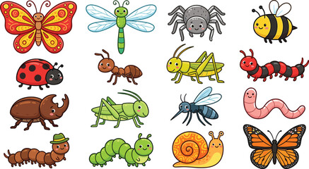 Cute cartoon insect and bug character set featuring happy butterfly dragonfly spider bee ladybug ant grasshopper caterpillar snail worm and beetle vectors for children design illustrations. © MdMahfizur
