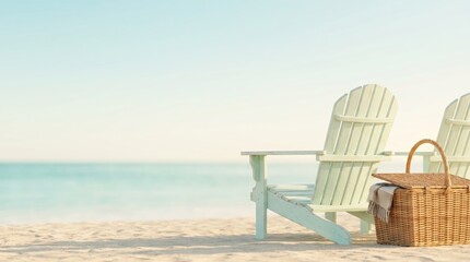 Fototapeta premium Two pastel green Adirondack chairs and a wicker picnic basket on a white sand beach for romantic coastal getaway