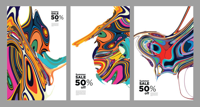 Abstract vibrant fluid art posters with colorful swirl patterns and sale text