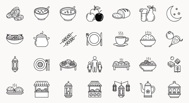 Ramadan Food Icons Collection Featuring Dates, Soups, Kebabs, Fruits, Bread, Coffee, Rice, Lanterns, and Dishes