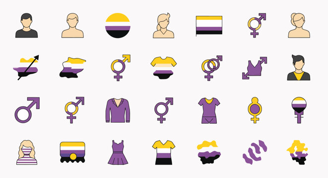 Nonbinary pride flag colors, diverse gender symbols, and icon set representing gender identity and equality concepts