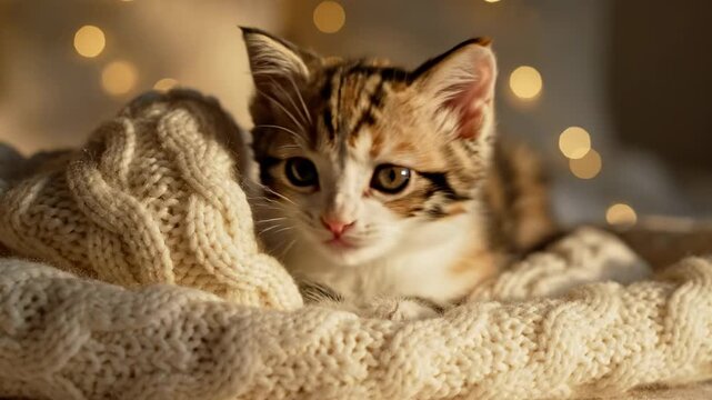A young feline with striking tabby stripes rests comfortably nestled within the soft folds of a chunky knit blanket, emanating warmth and inviting calm as bokeh lights twinkle gently around its