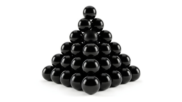 A pyramid of shiny black balls stacked neatly on a white surface